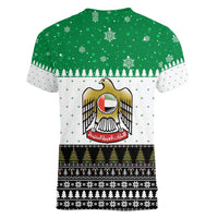 United Arab Emirates Christmas Women V-Neck T-Shirt with Falcon Tree Design Snowflake Pattern and National Emblem - Wonder Print Shop