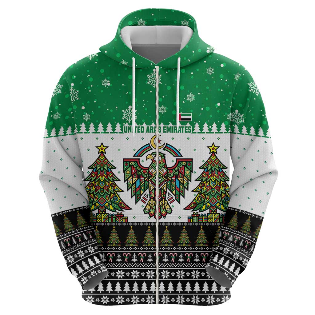 United Arab Emirates Christmas Zip Hoodie with Falcon Tree Design Snowflake Pattern and National Emblem - Wonder Print Shop