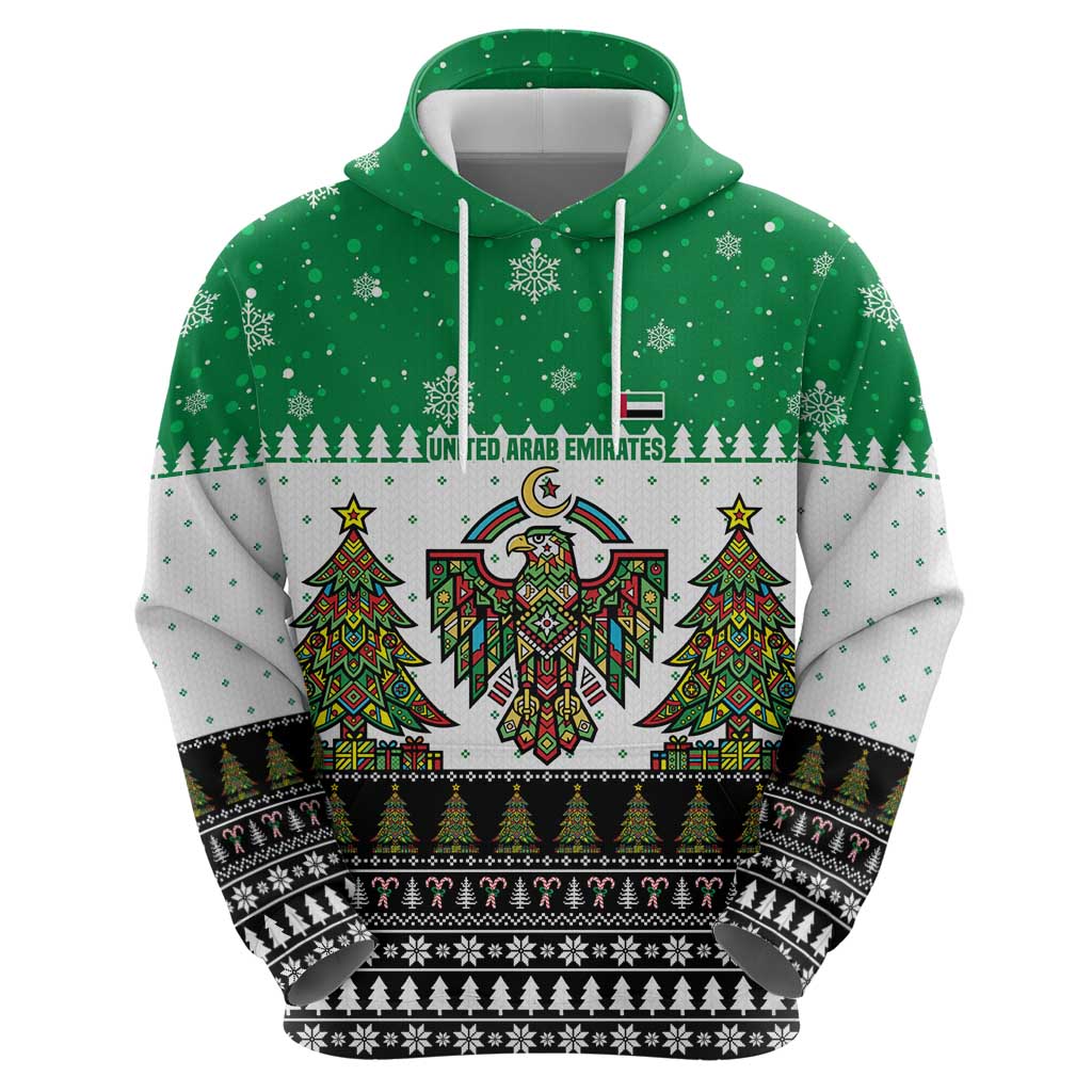 United Arab Emirates Christmas Zip Hoodie with Falcon Tree Design Snowflake Pattern and National Emblem - Wonder Print Shop