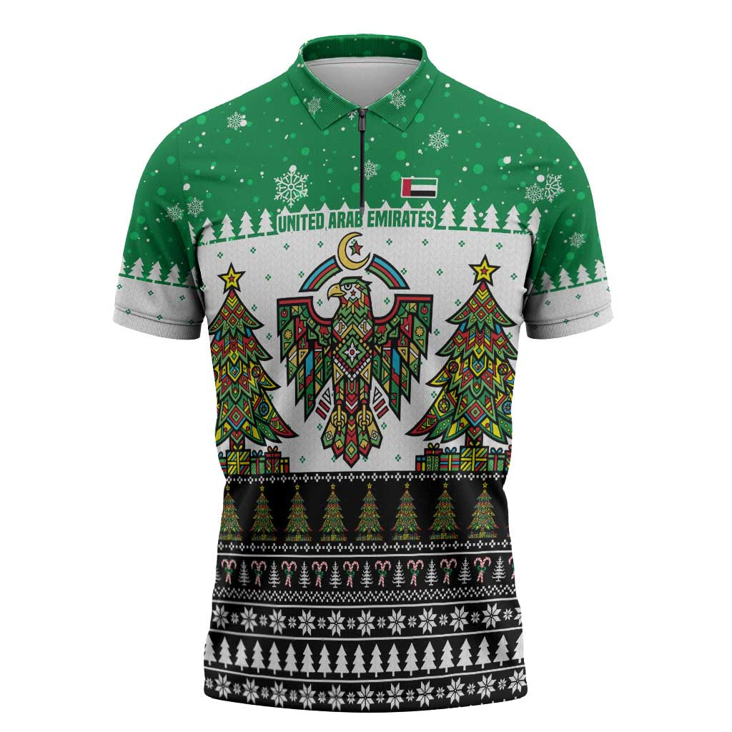 United Arab Emirates Christmas Zipper Polo Shirt with Falcon Tree Design Snowflake Pattern and National Emblem - Wonder Print Shop