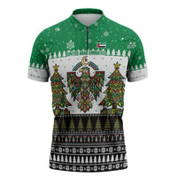 United Arab Emirates Christmas Zipper Polo Shirt with Falcon Tree Design Snowflake Pattern and National Emblem - Wonder Print Shop