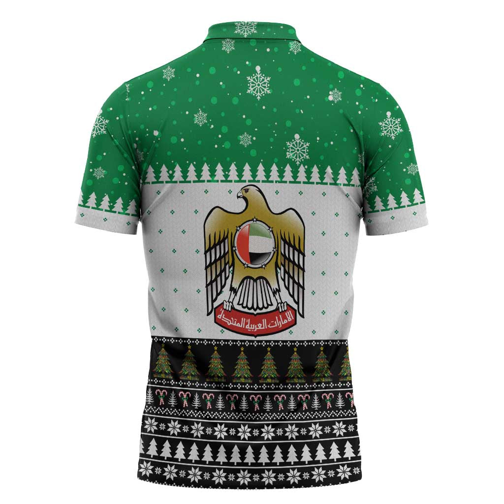 United Arab Emirates Christmas Zipper Polo Shirt with Falcon Tree Design Snowflake Pattern and National Emblem - Wonder Print Shop