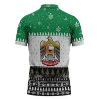United Arab Emirates Christmas Zipper Polo Shirt with Falcon Tree Design Snowflake Pattern and National Emblem - Wonder Print Shop