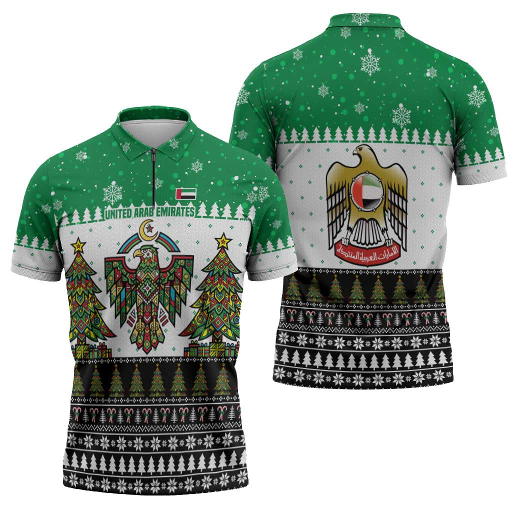 United Arab Emirates Christmas Zipper Polo Shirt with Falcon Tree Design Snowflake Pattern and National Emblem - Wonder Print Shop