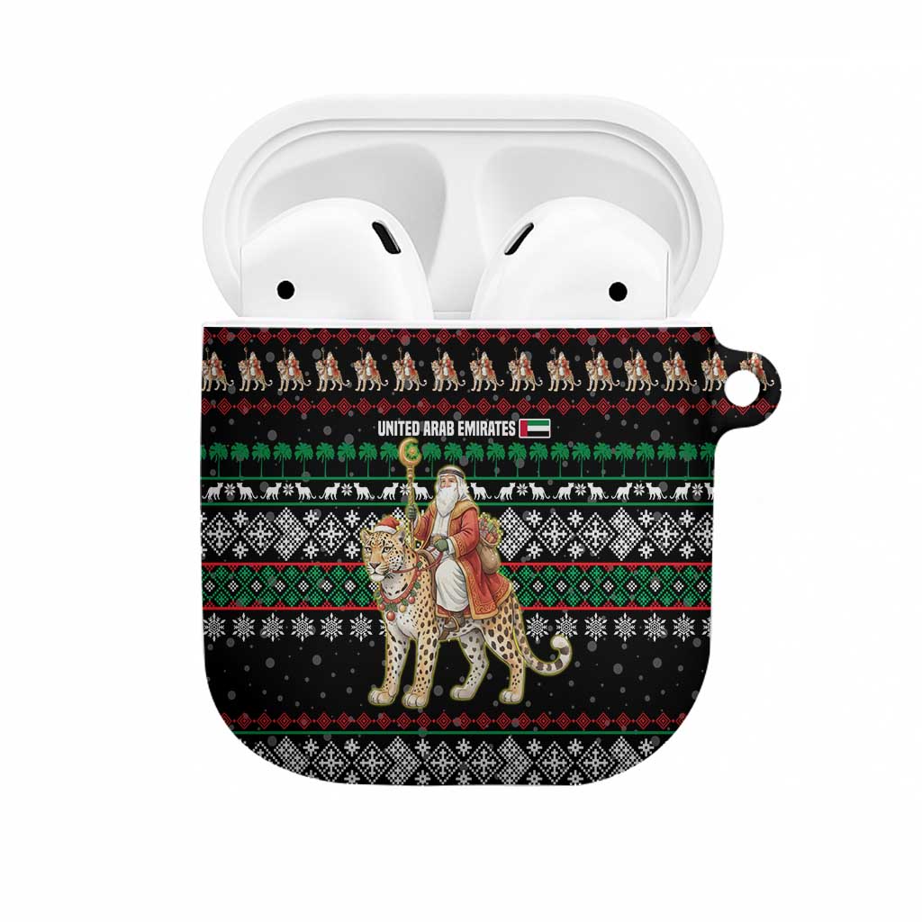 United Arab Emirates Christmas AirPods Case with Santa Riding Cheetah Black Snowflake Pattern and Palm Tree - Wonder Print Shop