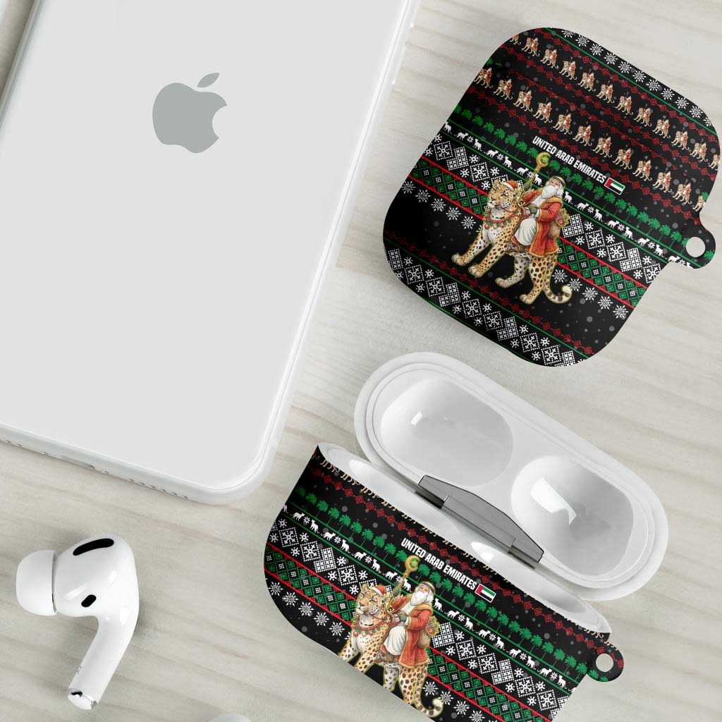United Arab Emirates Christmas AirPods Case with Santa Riding Cheetah Black Snowflake Pattern and Palm Tree - Wonder Print Shop