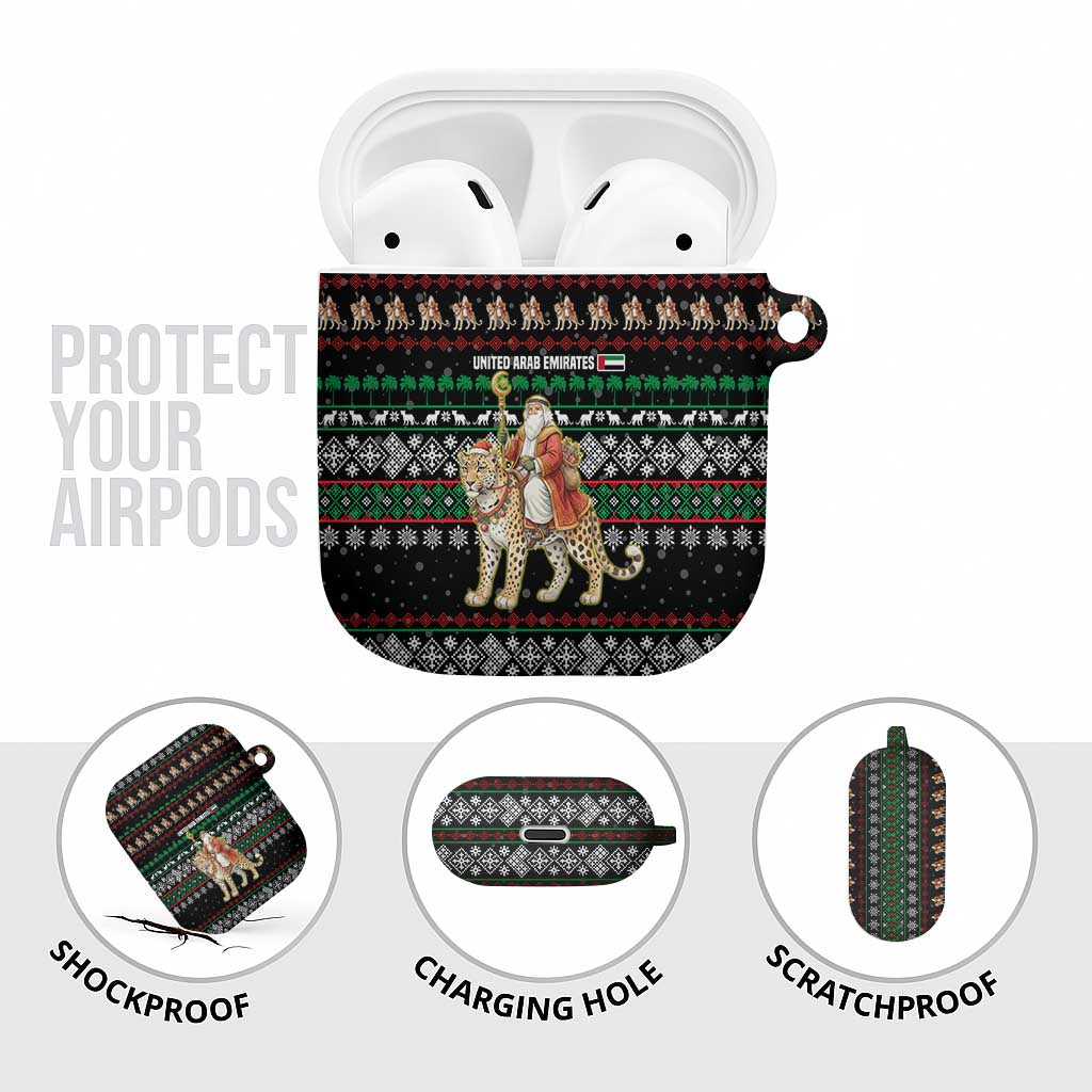 United Arab Emirates Christmas AirPods Case with Santa Riding Cheetah Black Snowflake Pattern and Palm Tree - Wonder Print Shop