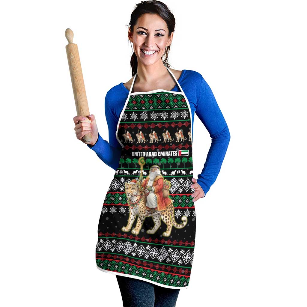 United Arab Emirates Christmas Apron with Santa Riding Cheetah Black Snowflake Pattern and Palm Tree - Wonder Print Shop