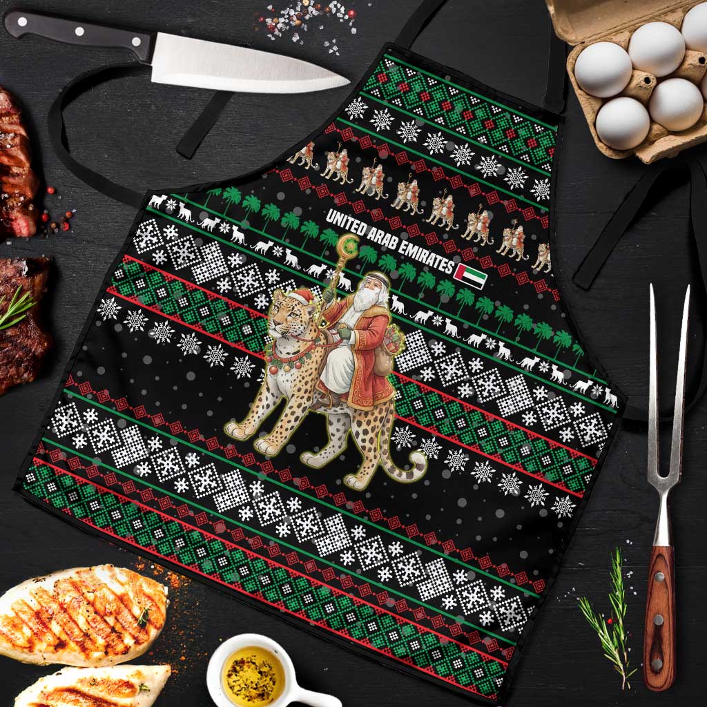 United Arab Emirates Christmas Apron with Santa Riding Cheetah Black Snowflake Pattern and Palm Tree - Wonder Print Shop