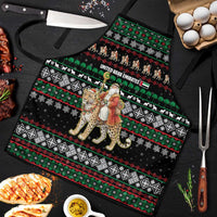 United Arab Emirates Christmas Apron with Santa Riding Cheetah Black Snowflake Pattern and Palm Tree - Wonder Print Shop