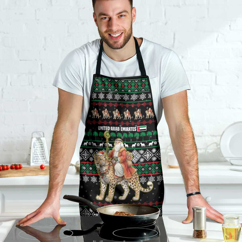 United Arab Emirates Christmas Apron with Santa Riding Cheetah Black Snowflake Pattern and Palm Tree - Wonder Print Shop