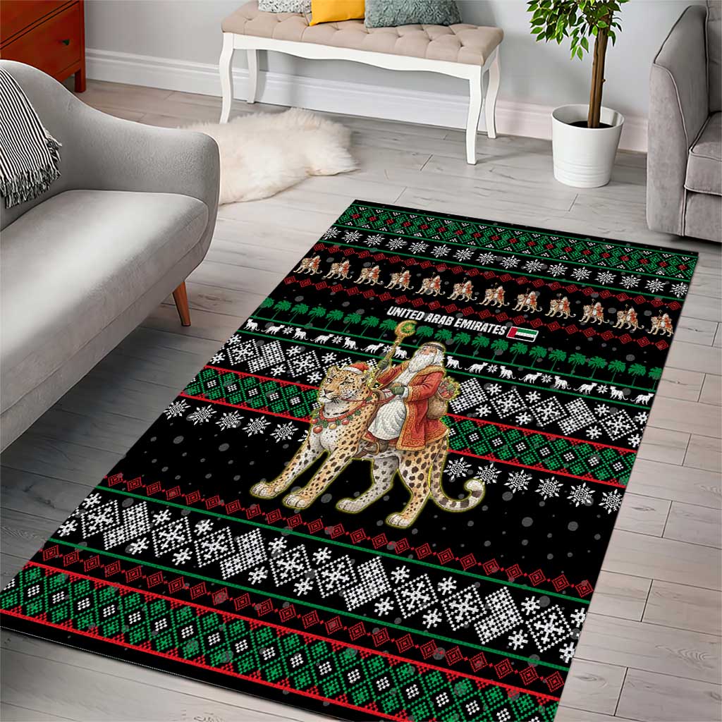 United Arab Emirates Christmas Area Rug with Santa Riding Cheetah Black Snowflake Pattern and Palm Tree - Wonder Print Shop