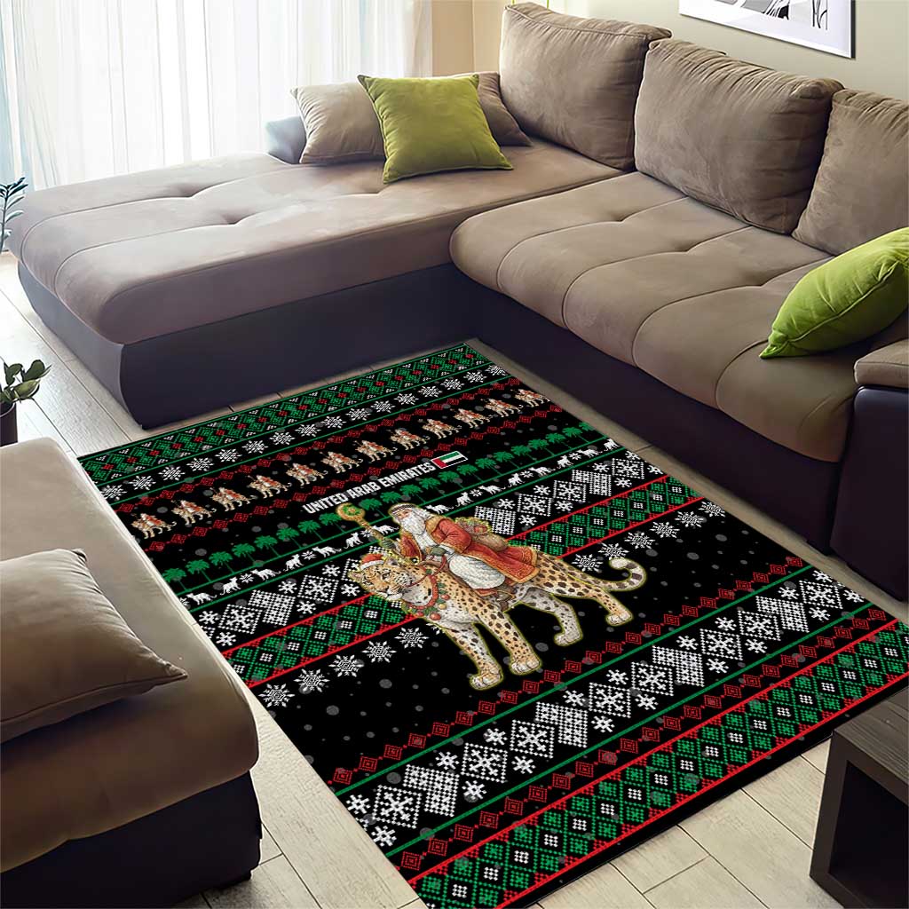 United Arab Emirates Christmas Area Rug with Santa Riding Cheetah Black Snowflake Pattern and Palm Tree - Wonder Print Shop