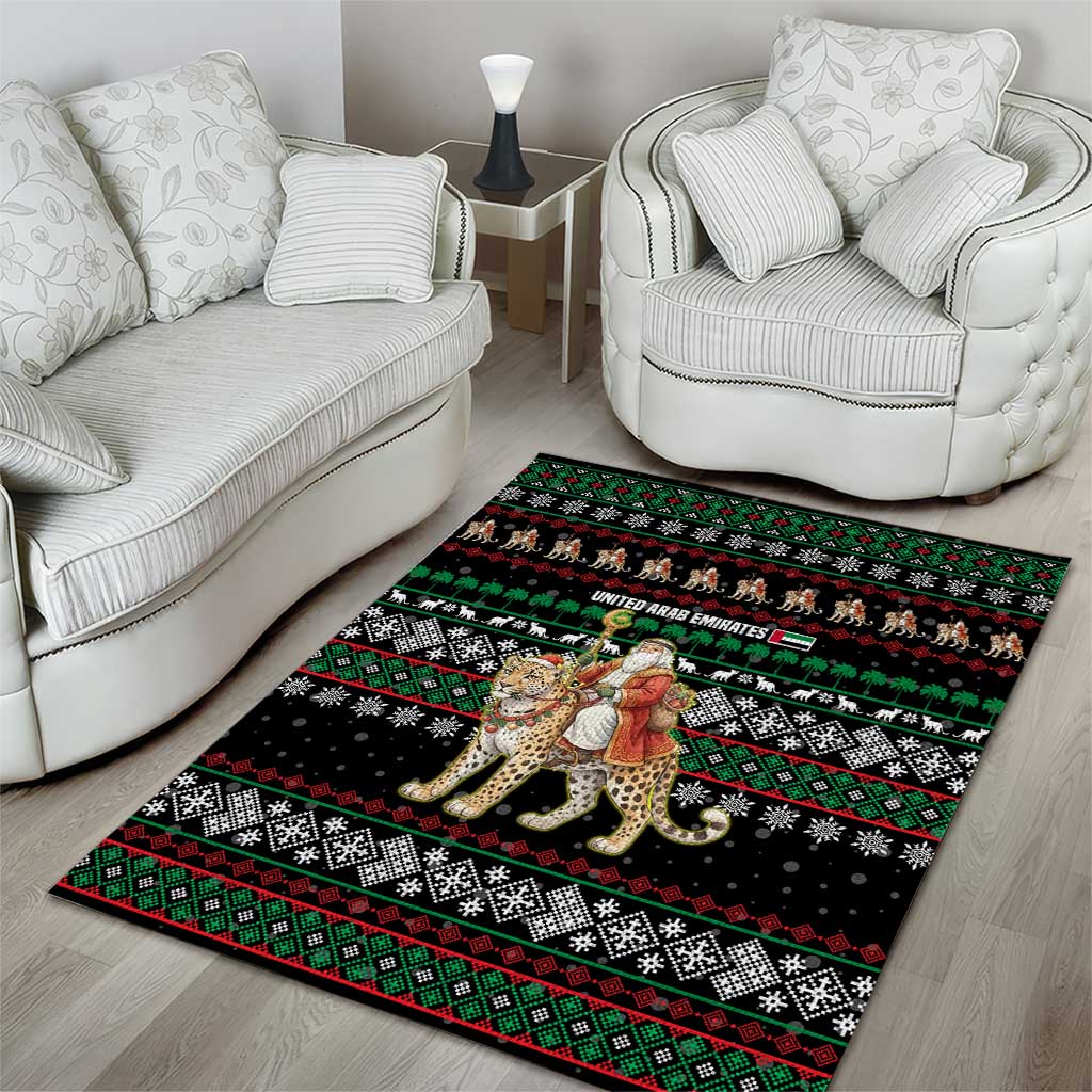 United Arab Emirates Christmas Area Rug with Santa Riding Cheetah Black Snowflake Pattern and Palm Tree - Wonder Print Shop