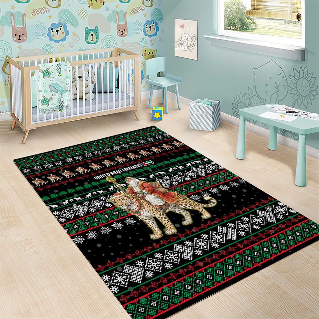 United Arab Emirates Christmas Area Rug with Santa Riding Cheetah Black Snowflake Pattern and Palm Tree - Wonder Print Shop