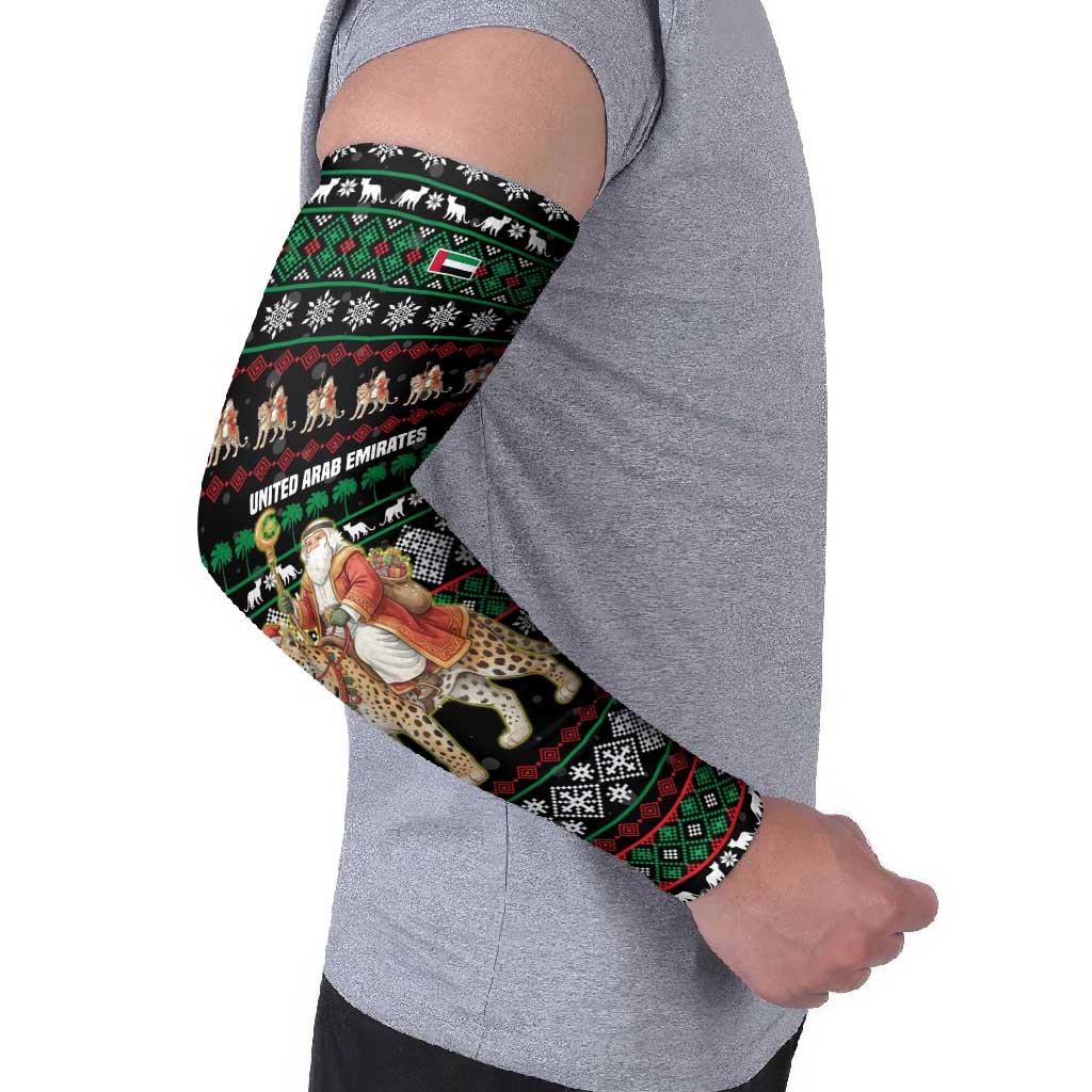 United Arab Emirates Christmas Arm Sleeves with Santa Riding Cheetah Black Snowflake Pattern and Palm Tree - Wonder Print Shop