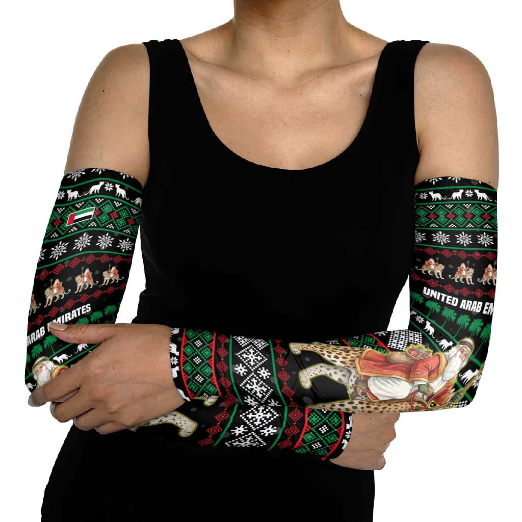United Arab Emirates Christmas Arm Sleeves with Santa Riding Cheetah Black Snowflake Pattern and Palm Tree - Wonder Print Shop
