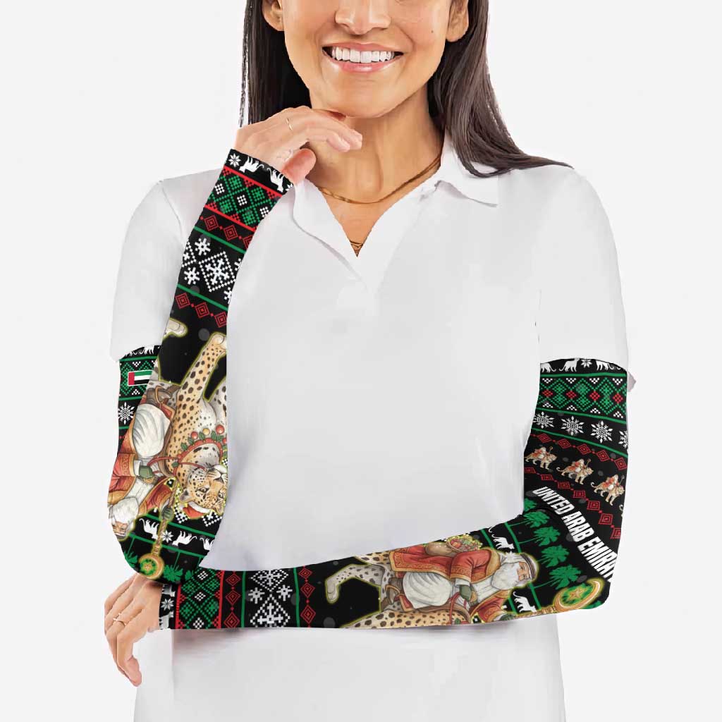 United Arab Emirates Christmas Arm Sleeves with Santa Riding Cheetah Black Snowflake Pattern and Palm Tree - Wonder Print Shop