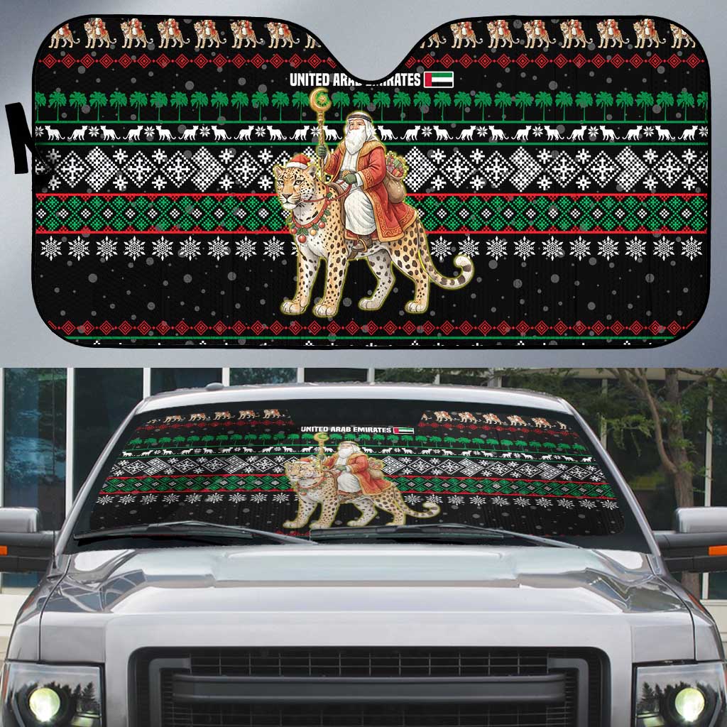 United Arab Emirates Christmas Auto Sun Shade with Santa Riding Cheetah Black Snowflake Pattern and Palm Tree - Wonder Print Shop