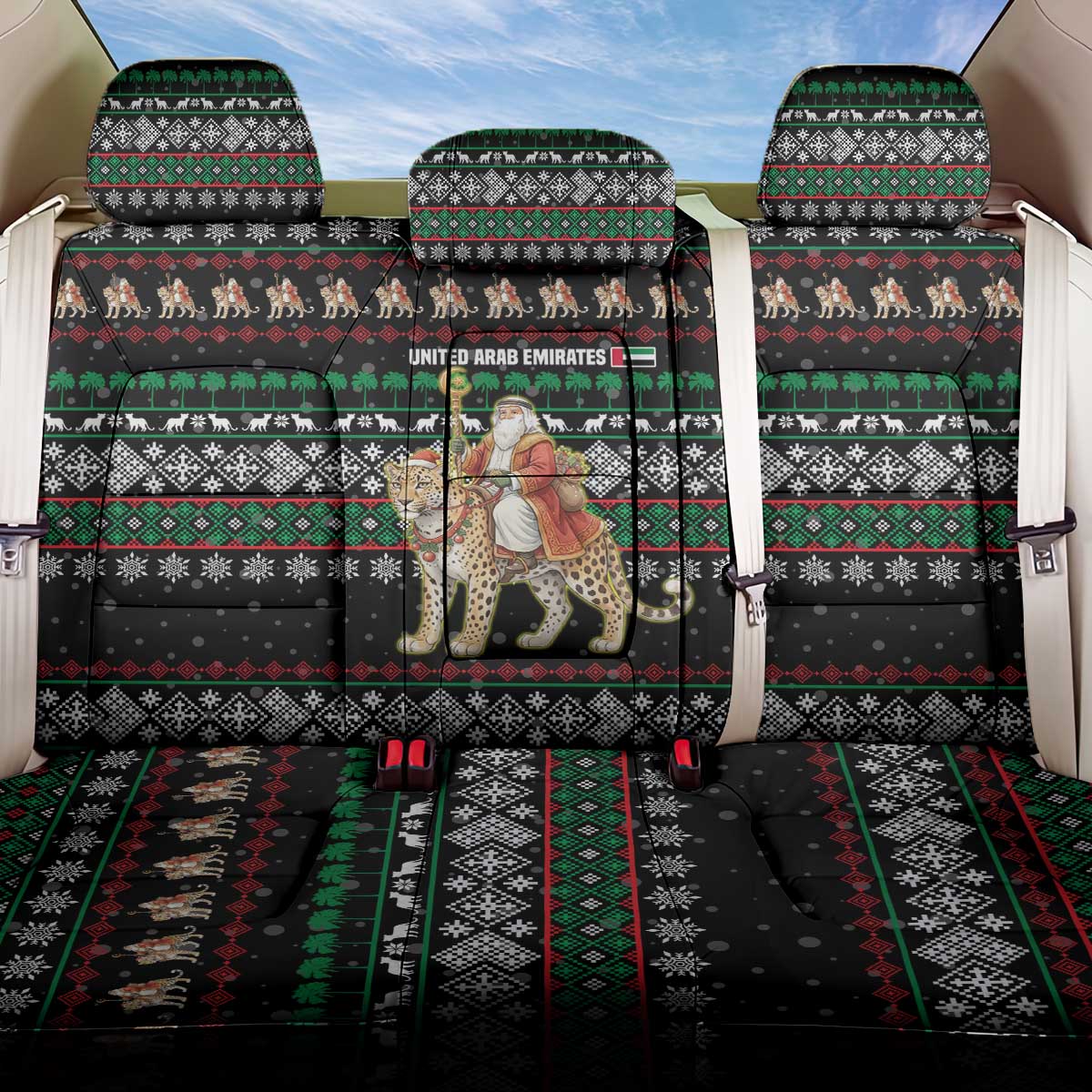 United Arab Emirates Christmas Back Car Seat Cover with Santa Riding Cheetah Black Snowflake Pattern and Palm Tree - Wonder Print Shop