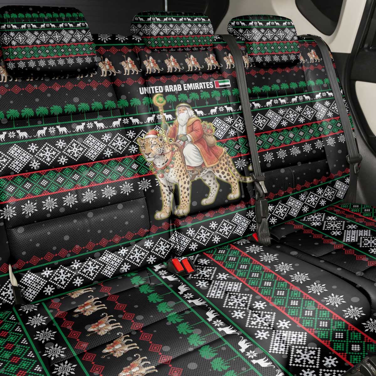 United Arab Emirates Christmas Back Car Seat Cover with Santa Riding Cheetah Black Snowflake Pattern and Palm Tree - Wonder Print Shop