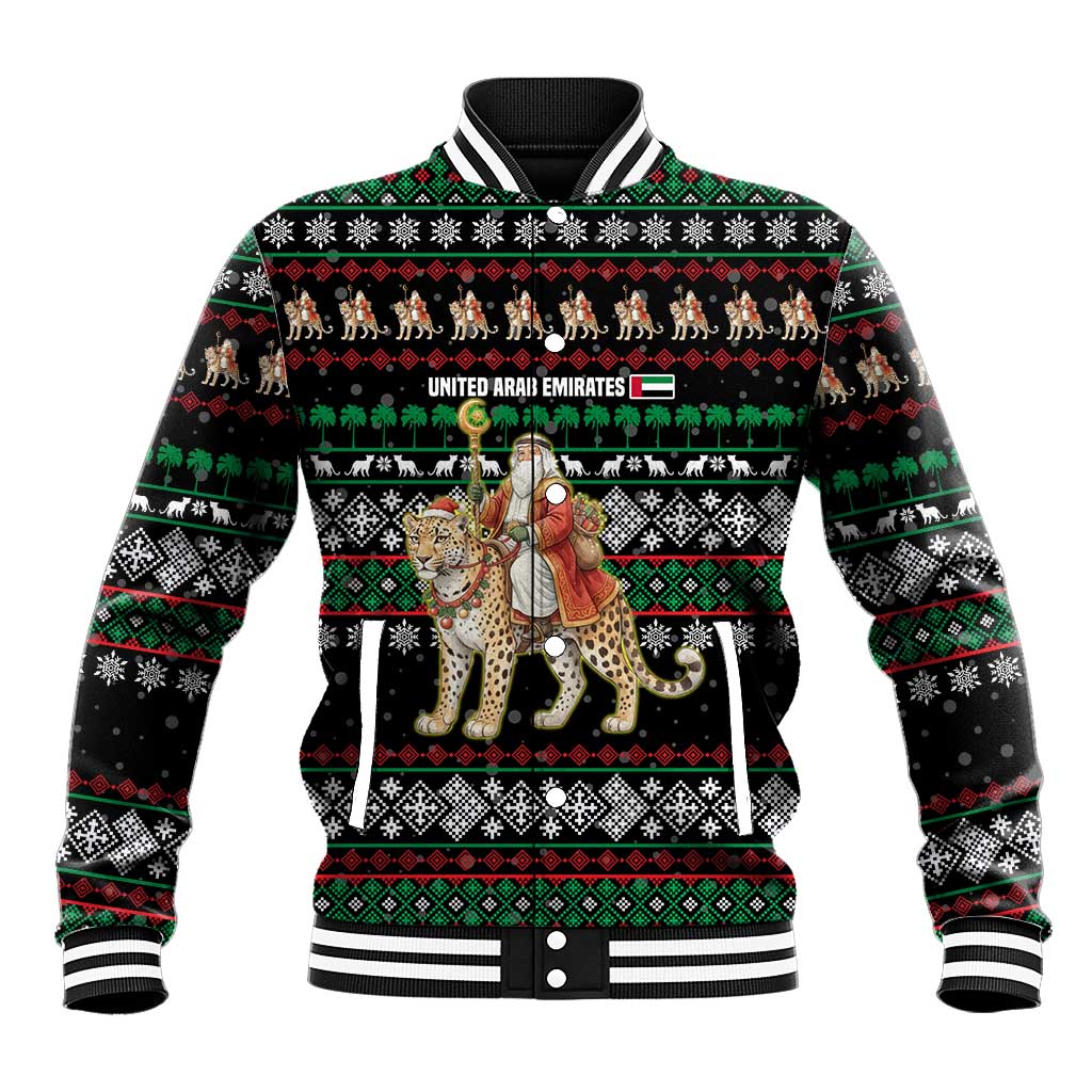 United Arab Emirates Christmas Baseball Jacket with Santa Riding Cheetah Black Snowflake Pattern and Palm Tree - Wonder Print Shop