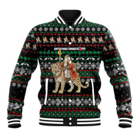 United Arab Emirates Christmas Baseball Jacket with Santa Riding Cheetah Black Snowflake Pattern and Palm Tree - Wonder Print Shop