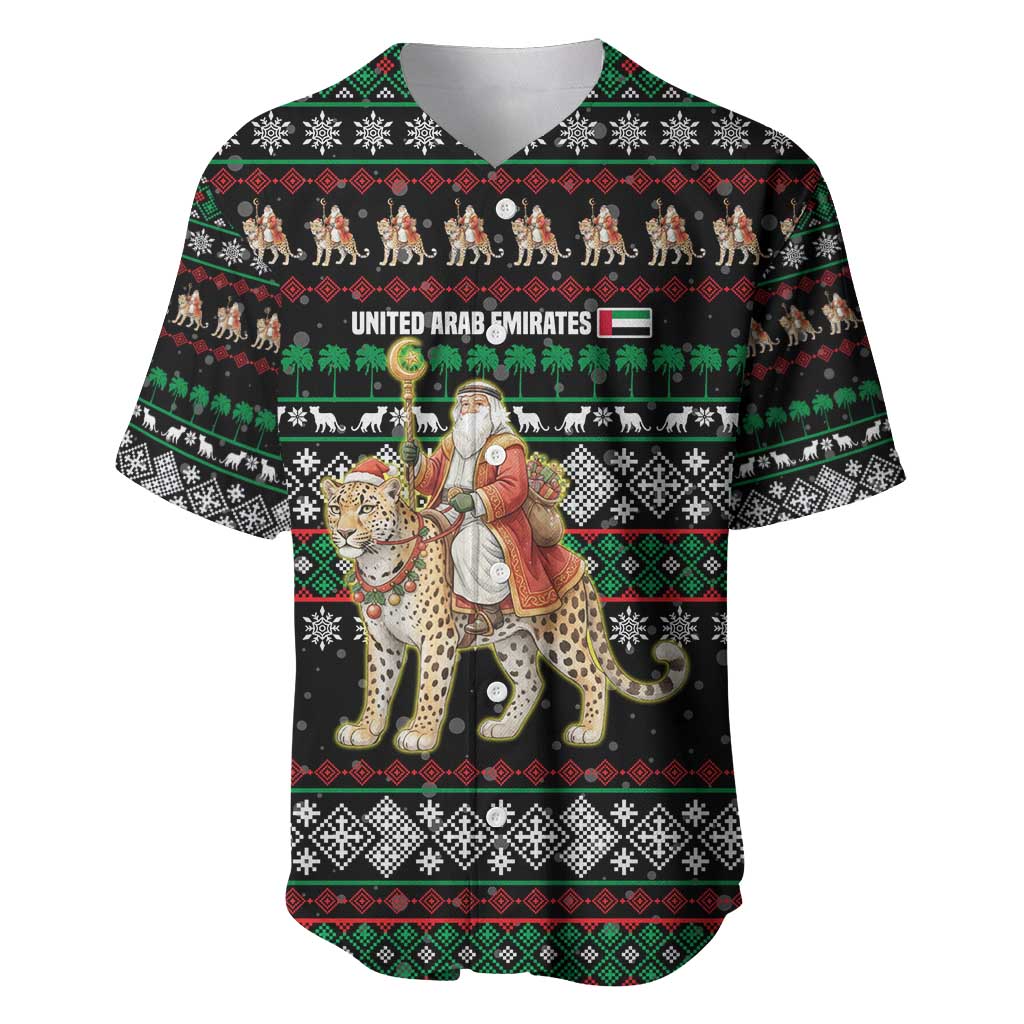 United Arab Emirates Christmas Baseball Jersey with Santa Riding Cheetah Black Snowflake Pattern and Palm Tree - Wonder Print Shop