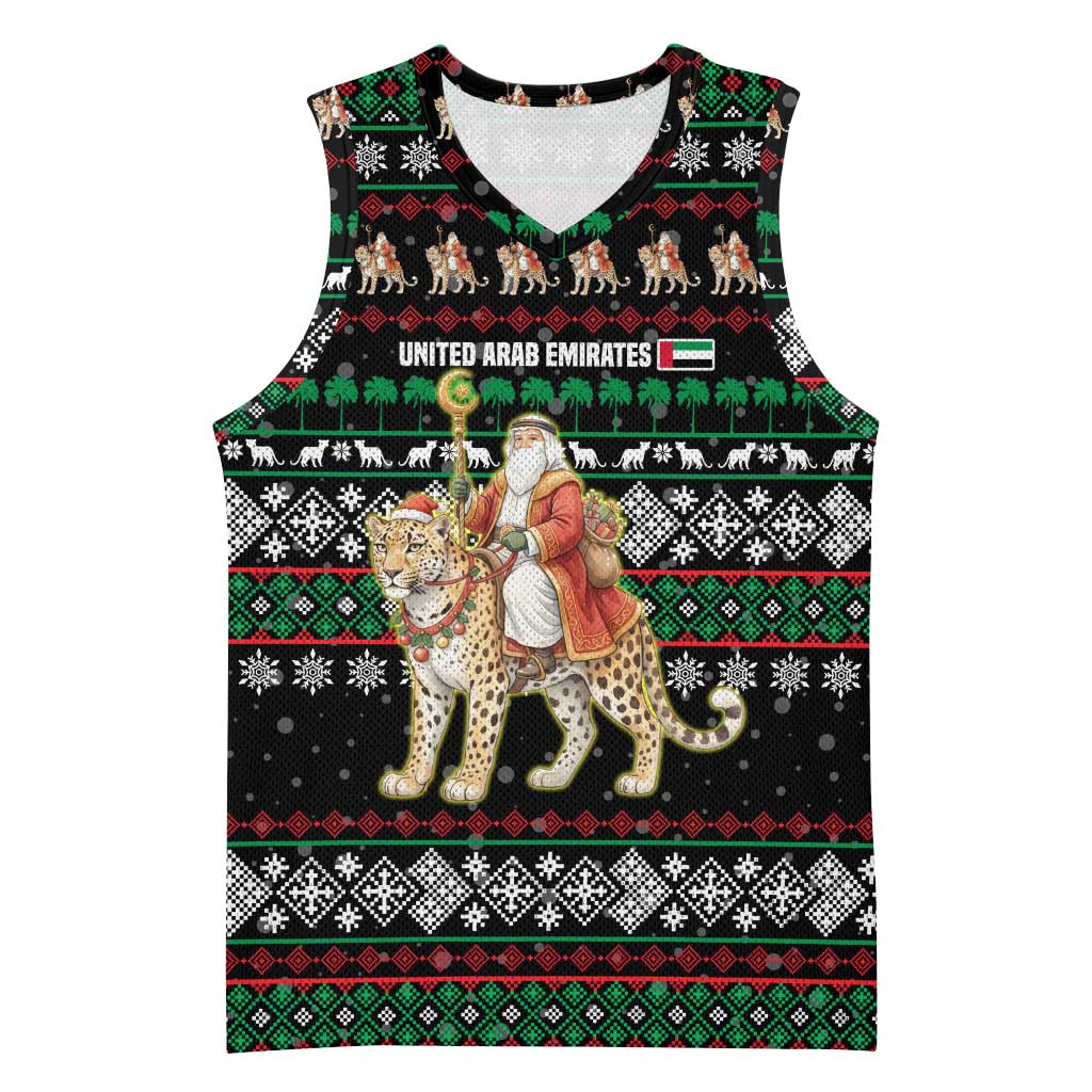 United Arab Emirates Christmas Basketball Jersey with Santa Riding Cheetah Black Snowflake Pattern and Palm Tree - Wonder Print Shop