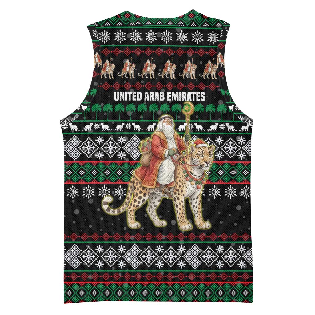 United Arab Emirates Christmas Basketball Jersey with Santa Riding Cheetah Black Snowflake Pattern and Palm Tree - Wonder Print Shop