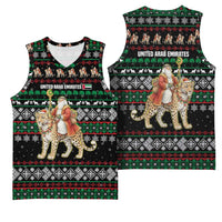 United Arab Emirates Christmas Basketball Jersey with Santa Riding Cheetah Black Snowflake Pattern and Palm Tree - Wonder Print Shop