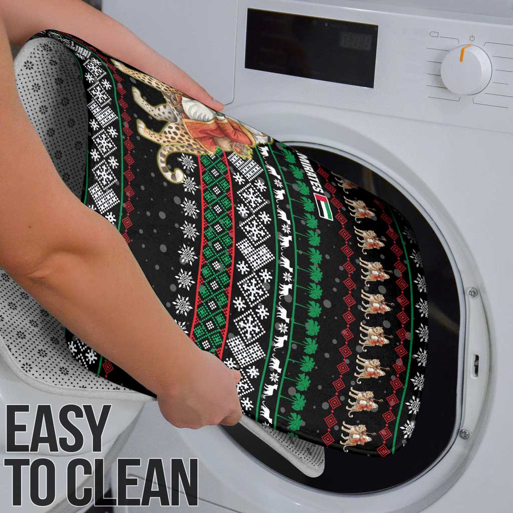 United Arab Emirates Christmas Bathroom Set with Santa Riding Cheetah Black Snowflake Pattern and Palm Tree - Wonder Print Shop