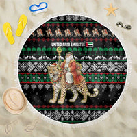 United Arab Emirates Christmas Beach Blanket with Santa Riding Cheetah Black Snowflake Pattern and Palm Tree - Wonder Print Shop