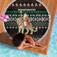 United Arab Emirates Christmas Beach Blanket with Santa Riding Cheetah Black Snowflake Pattern and Palm Tree - Wonder Print Shop