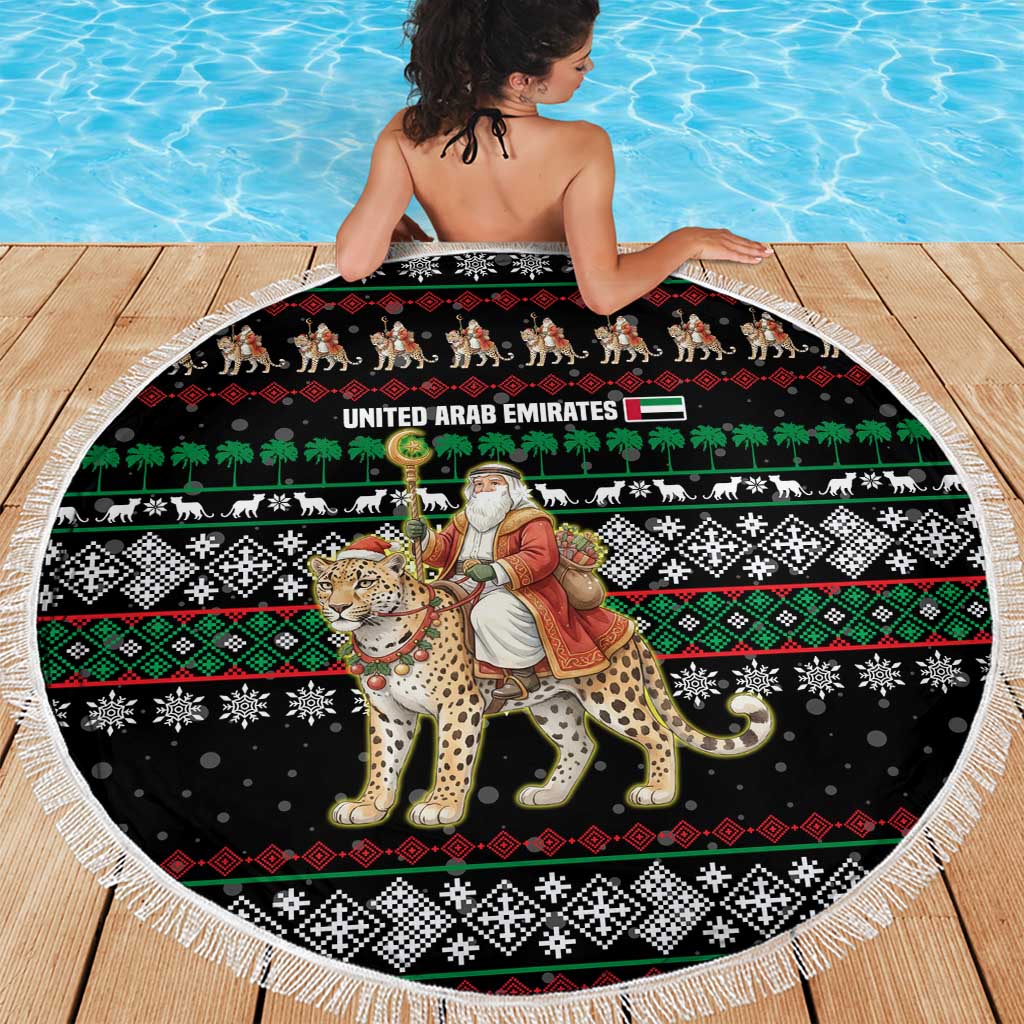 United Arab Emirates Christmas Beach Blanket with Santa Riding Cheetah Black Snowflake Pattern and Palm Tree - Wonder Print Shop