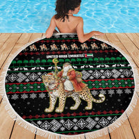 United Arab Emirates Christmas Beach Blanket with Santa Riding Cheetah Black Snowflake Pattern and Palm Tree - Wonder Print Shop