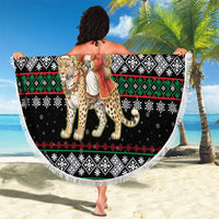 United Arab Emirates Christmas Beach Blanket with Santa Riding Cheetah Black Snowflake Pattern and Palm Tree - Wonder Print Shop