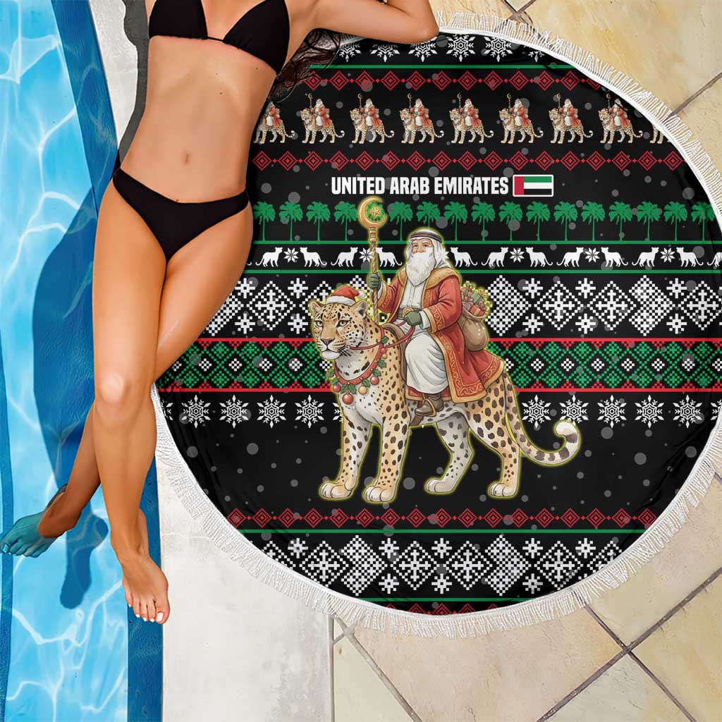 United Arab Emirates Christmas Beach Blanket with Santa Riding Cheetah Black Snowflake Pattern and Palm Tree - Wonder Print Shop
