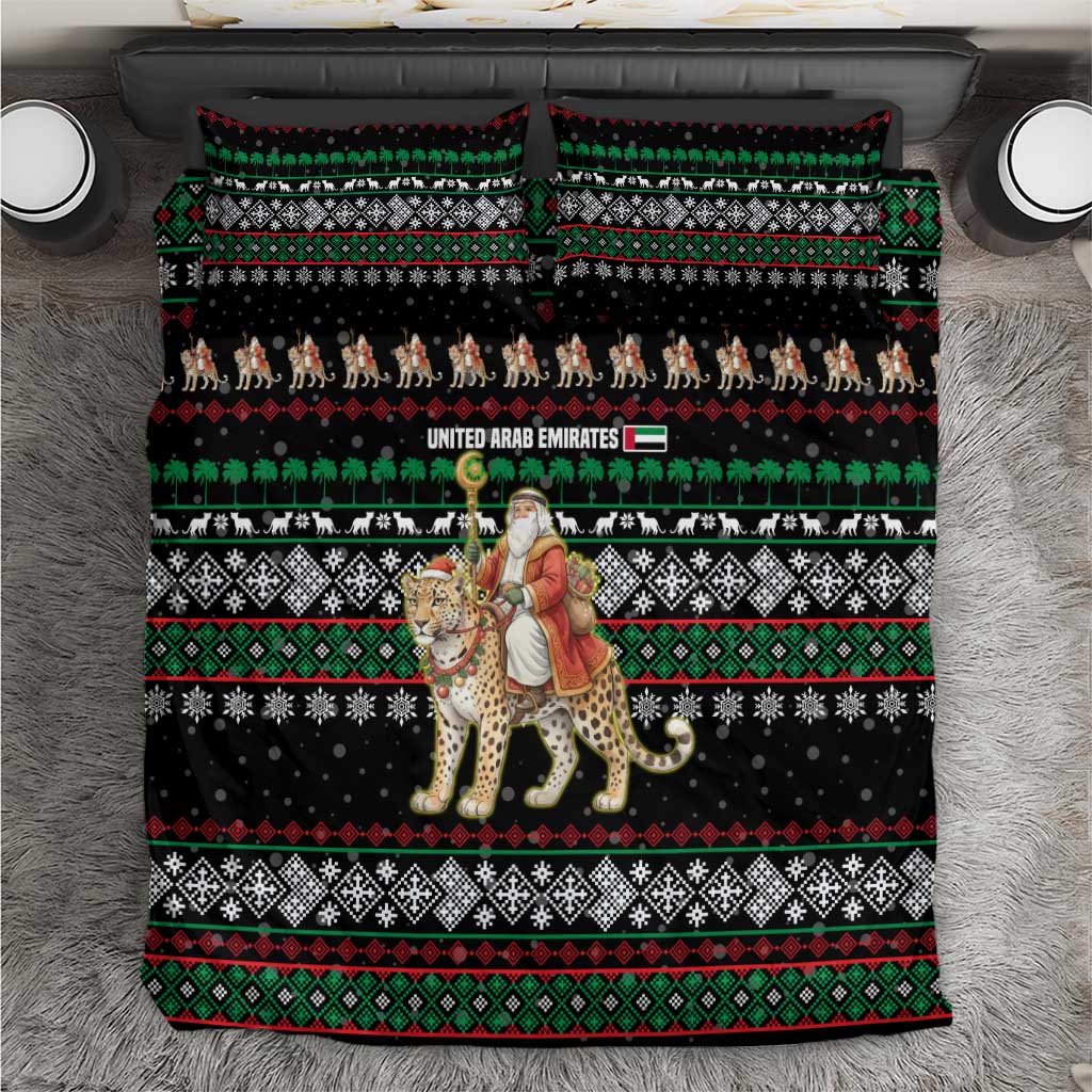 United Arab Emirates Christmas Bedding Set with Santa Riding Cheetah Black Snowflake Pattern and Palm Tree - Wonder Print Shop
