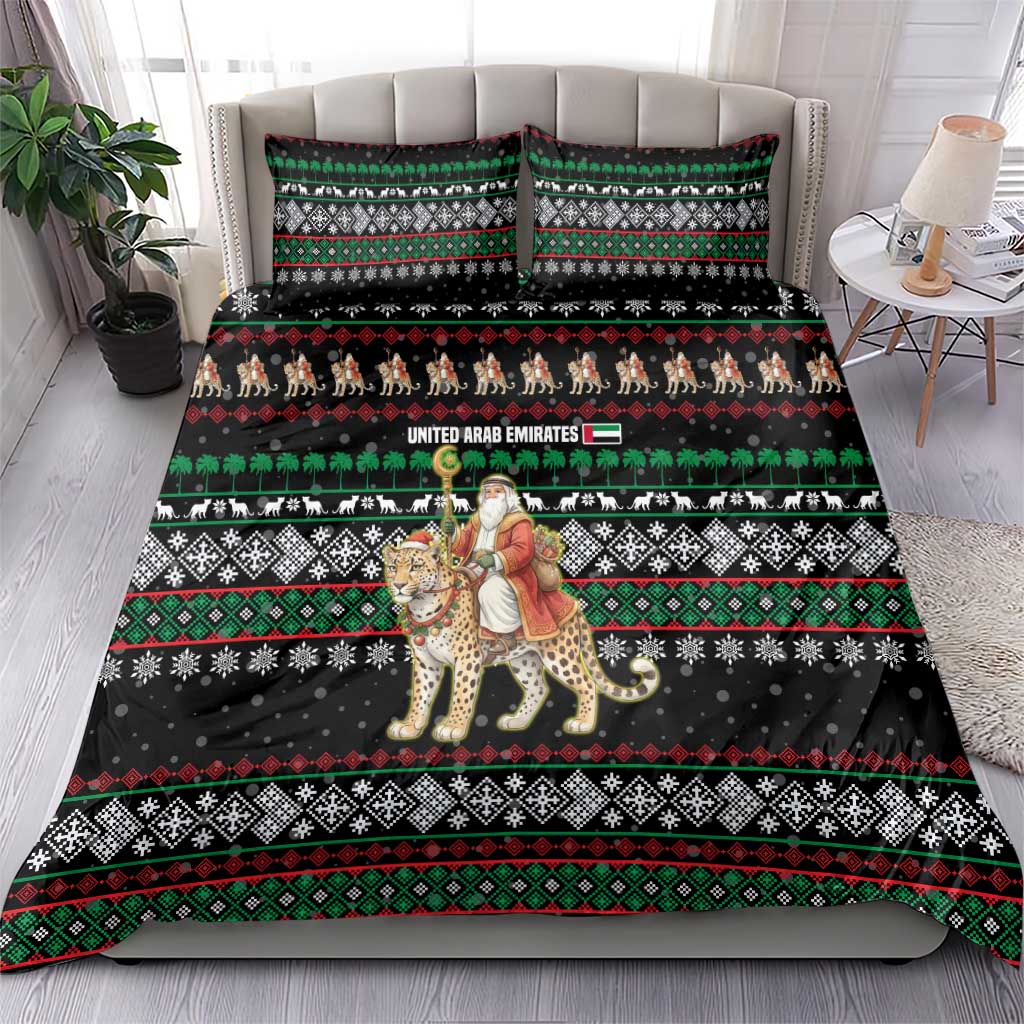United Arab Emirates Christmas Bedding Set with Santa Riding Cheetah Black Snowflake Pattern and Palm Tree - Wonder Print Shop