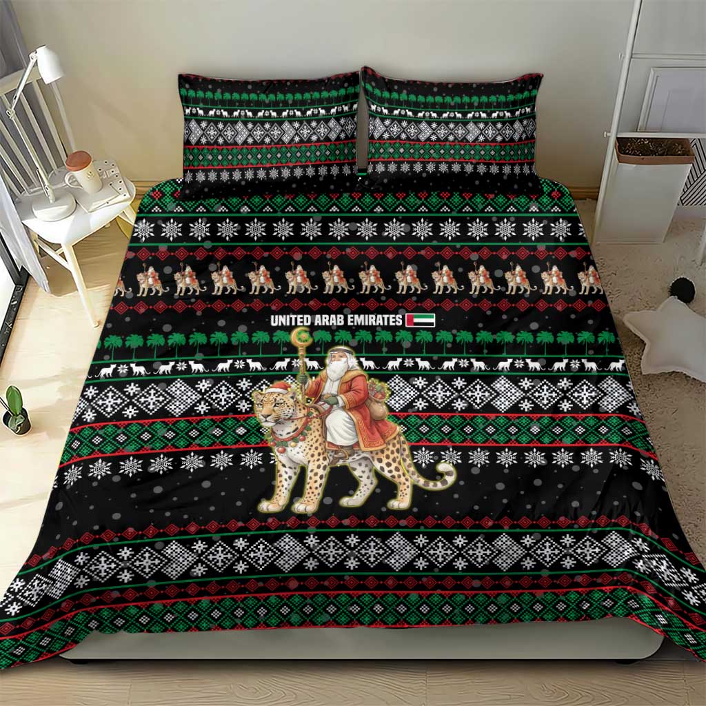 United Arab Emirates Christmas Bedding Set with Santa Riding Cheetah Black Snowflake Pattern and Palm Tree - Wonder Print Shop