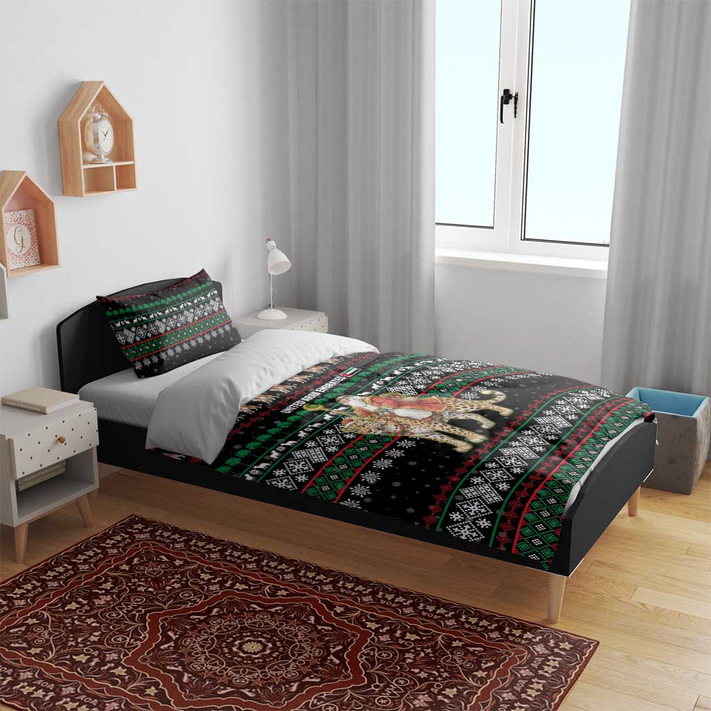 United Arab Emirates Christmas Bedding Set with Santa Riding Cheetah Black Snowflake Pattern and Palm Tree - Wonder Print Shop