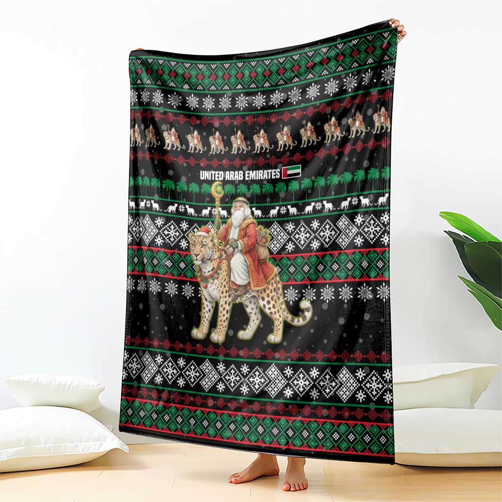 United Arab Emirates Christmas Blanket with Santa Riding Cheetah Black Snowflake Pattern and Palm Tree - Wonder Print Shop