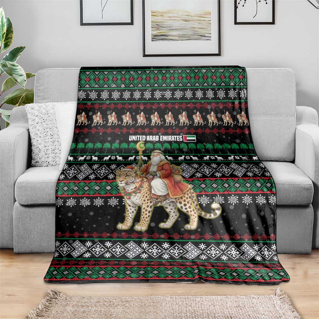 United Arab Emirates Christmas Blanket with Santa Riding Cheetah Black Snowflake Pattern and Palm Tree - Wonder Print Shop