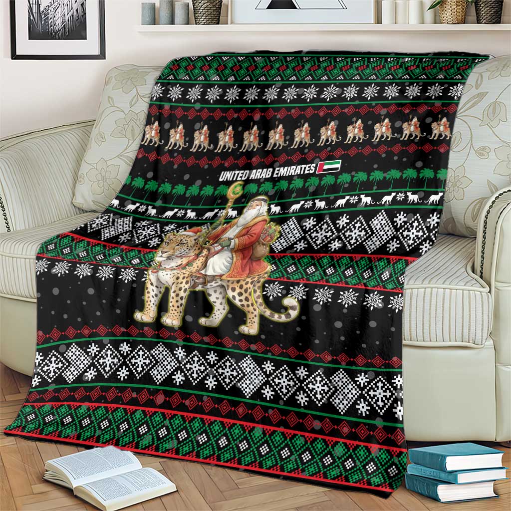 United Arab Emirates Christmas Blanket with Santa Riding Cheetah Black Snowflake Pattern and Palm Tree - Wonder Print Shop