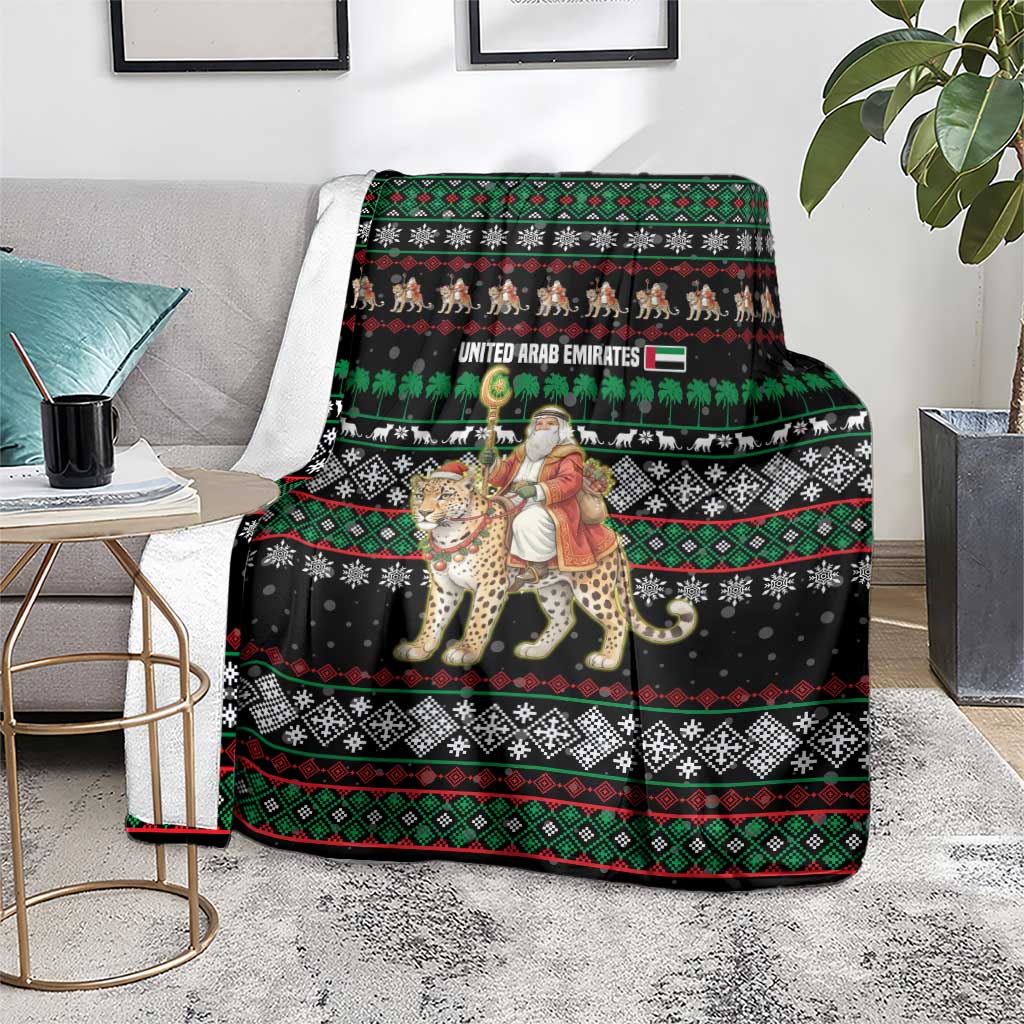 United Arab Emirates Christmas Blanket with Santa Riding Cheetah Black Snowflake Pattern and Palm Tree - Wonder Print Shop