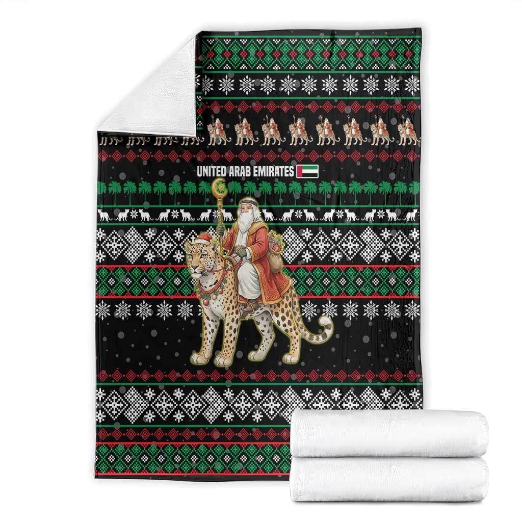 United Arab Emirates Christmas Blanket with Santa Riding Cheetah Black Snowflake Pattern and Palm Tree - Wonder Print Shop