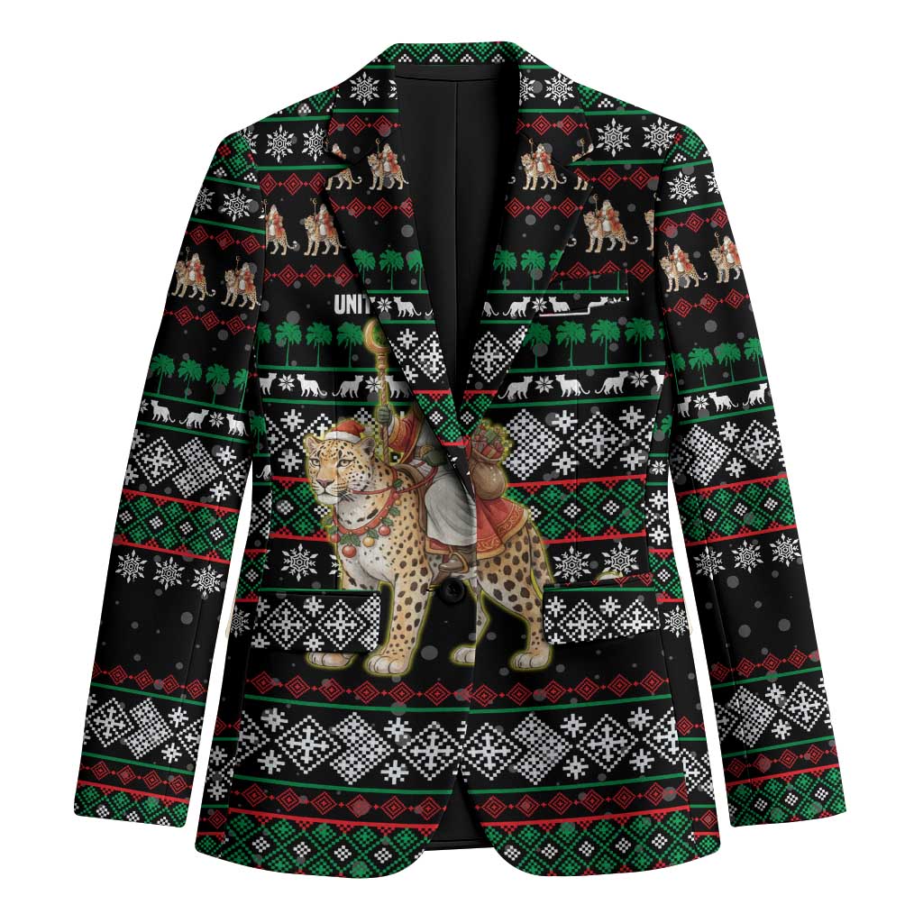 United Arab Emirates Christmas Blazer with Santa Riding Cheetah Black Snowflake Pattern and Palm Tree - Wonder Print Shop