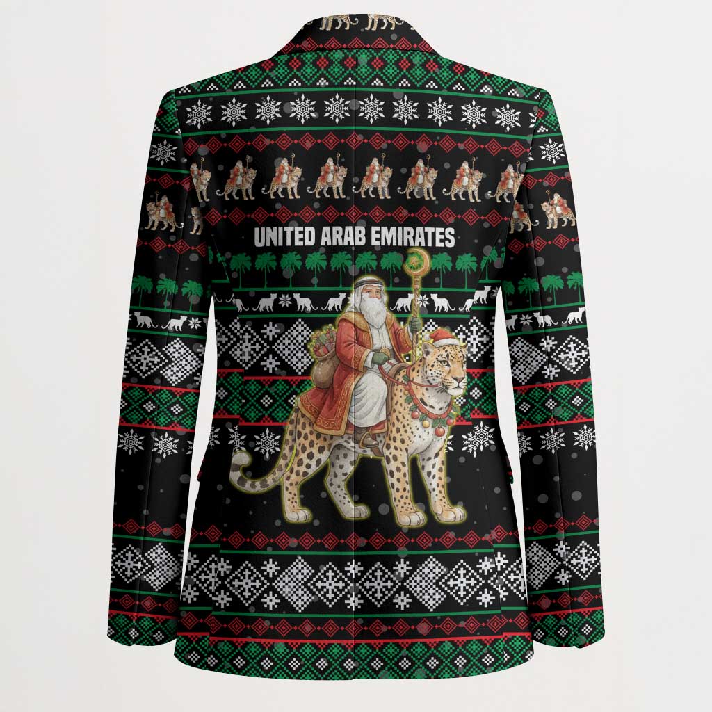 United Arab Emirates Christmas Blazer with Santa Riding Cheetah Black Snowflake Pattern and Palm Tree - Wonder Print Shop