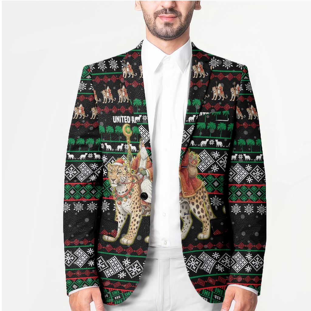 United Arab Emirates Christmas Blazer with Santa Riding Cheetah Black Snowflake Pattern and Palm Tree - Wonder Print Shop